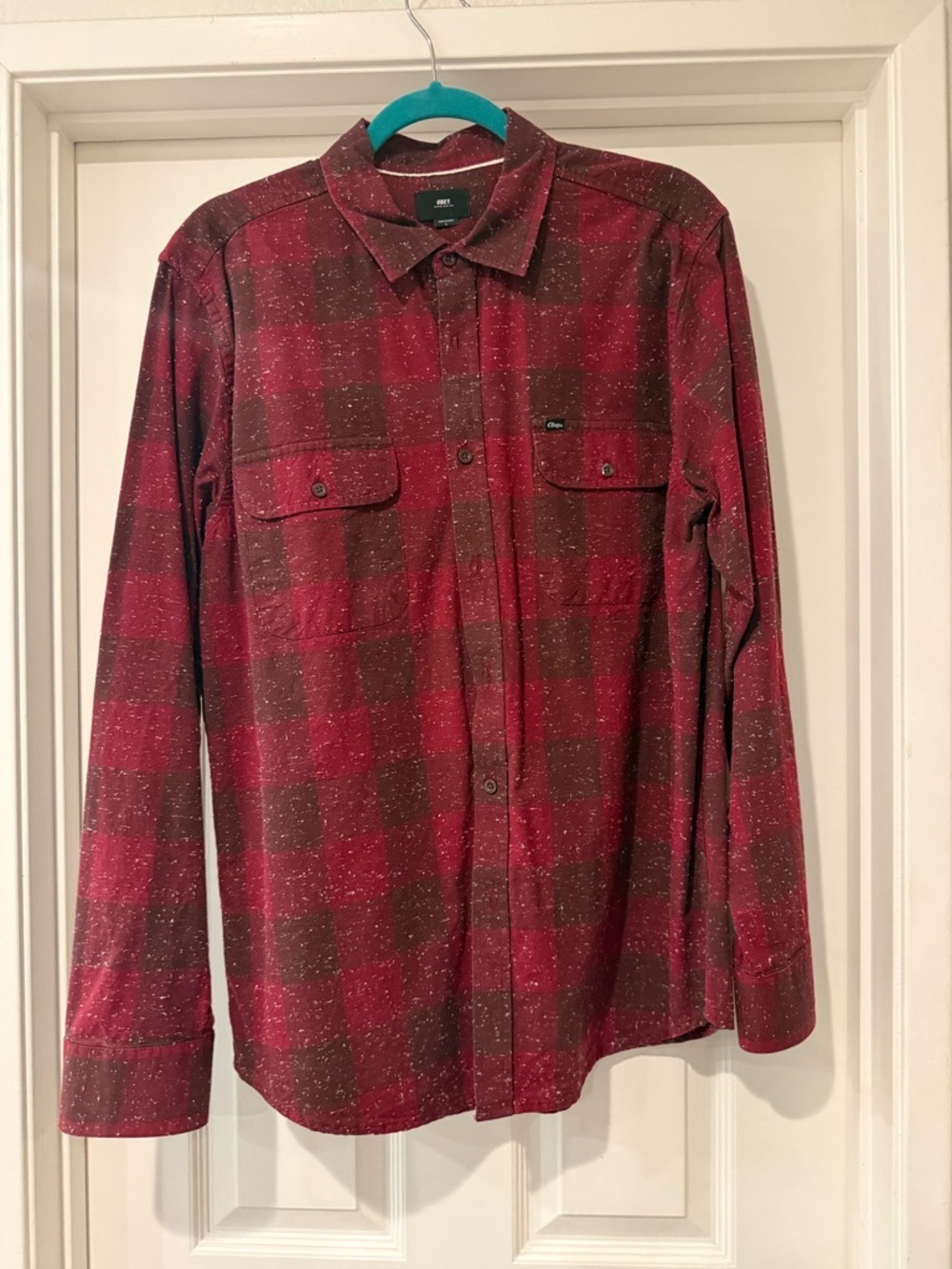 Obey Red Plaid Button-Down Shirt with Subtle Speckle